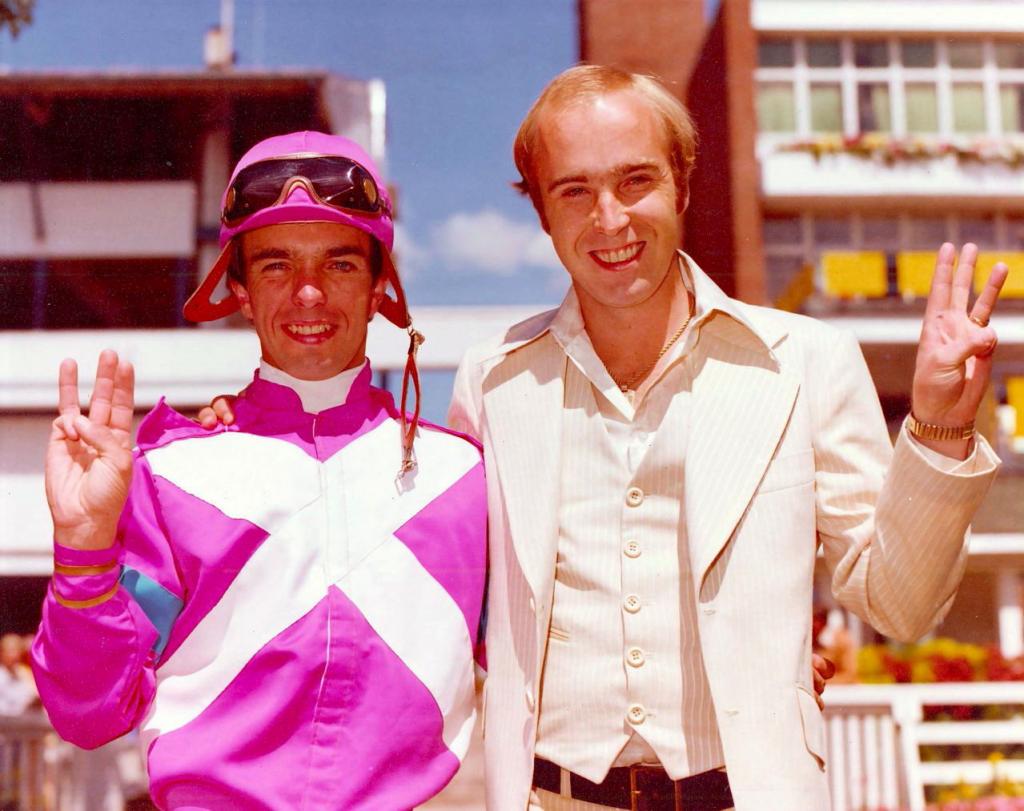 Baker as a jockey agent for Gary Stahlbaum in 1976. (Courtesy of Janis Maine)